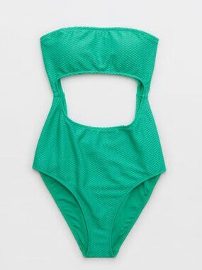 Aerie Jacquard Cut Out Strapless One Piece Swimsuit Green Size Medium